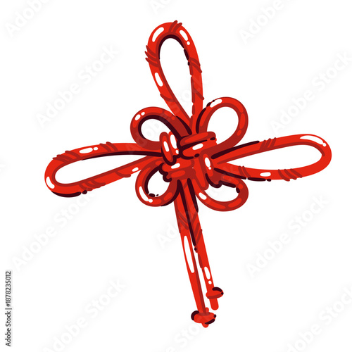 Korean lucky knot with traditional red cord, decorative bow shape, cultural symbol of fortune and protection, Asian ornament detail, travel to South Korea theme, cartoon vector illustration.