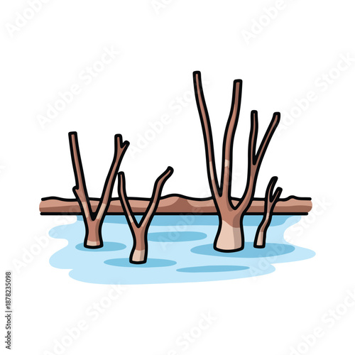 Illustration of bare trees standing in calm water with fallen branch, viewed from a serene landscape perspective