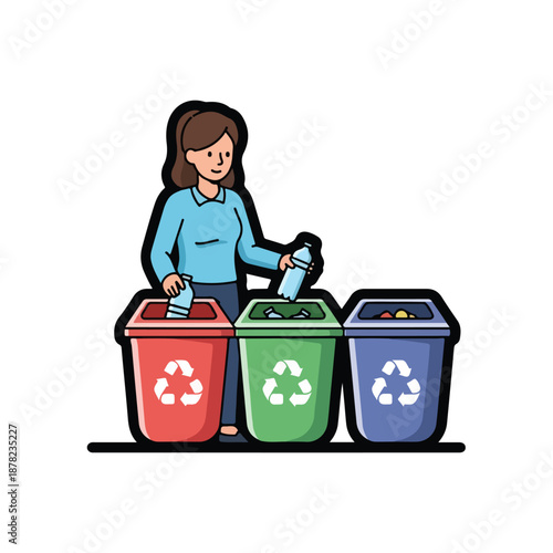 A woman sorting recyclables into colored bins with recycling symbols in a public area from a straightforward viewpoint