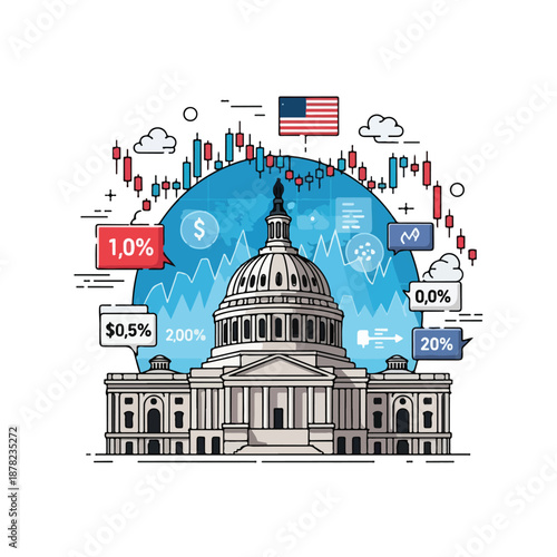 The United States Capitol building surrounded by financial charts and graphs illustrating economic trends and market analysis with a patriotic touch
