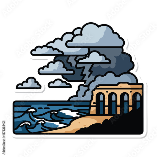 A serene coastal landscape with a prominent ancient structure stands against a dramatic stormy sky with dark clouds and lightning, captured from a distance.