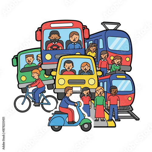 Various vehicles including buses trains and cars surrounded by people on bicycles and scooters in a busy transport scene from a frontal viewpoint