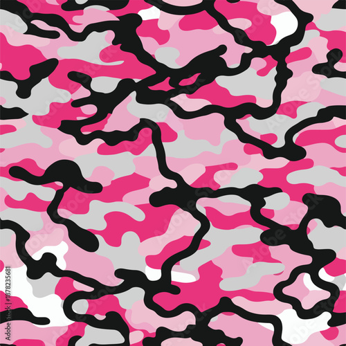 A camouflage pattern of pink and grey shapes viewed from directly above with abstract designs and shapes