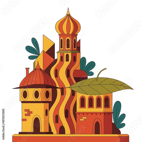 Whimsical fantasy castle with unique architectural elements and vibrant colors.