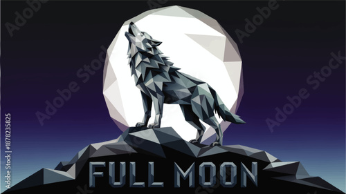 Low poly wolf howling at full moon on mountain peak, geometric night sky illustration, modern polygonal wildlife poster art