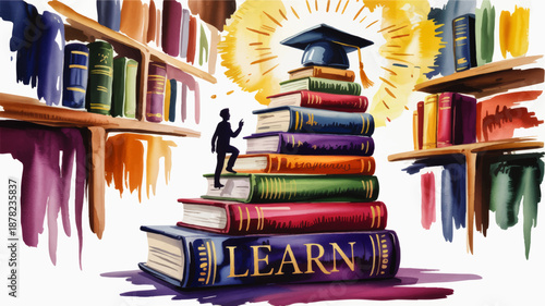 Watercolor illustration of student climbing stack of colorful books toward graduation cap, symbolizing education growth and lifelong learning