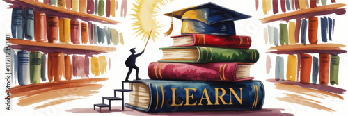 Watercolor library illustration with student climbing books to graduation cap, inspirational education concept, learning and knowledge growth