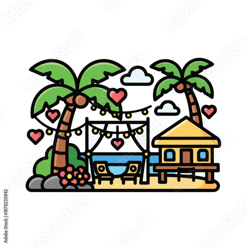 A serene beach scene with a romantic setting, palm trees, and a cozy hut, viewed from a tranquil perspective on a peaceful island getaway