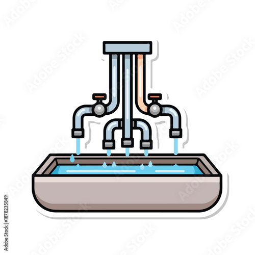 Illustration of multiple faucets pouring water into a sink from various angles and viewpoints showcasing plumbing fixtures