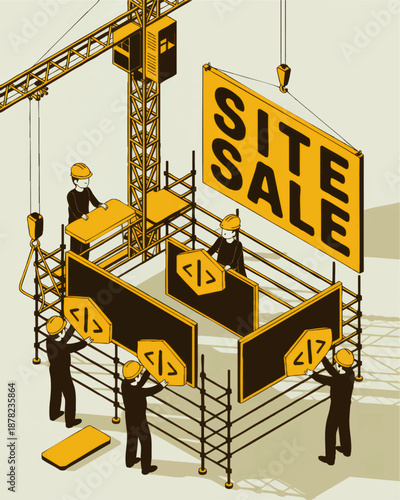 Website under construction sale concept, developers building ecommerce landing page with crane, scaffolding and code icons, yellow illustration