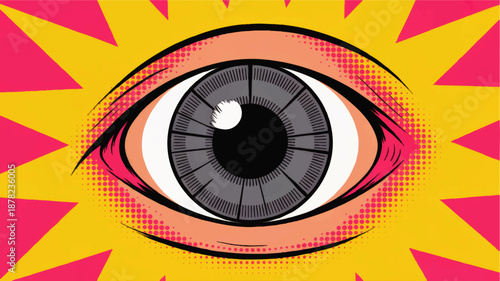 Pop art comic eye illustration with vibrant yellow pink burst background, retro halftone design, bold graphic vision concept