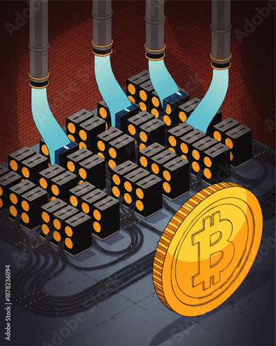 Isometric bitcoin mining farm illustration with cryptocurrency servers, cooling pipes, data cables and glowing digital coin in warehouse