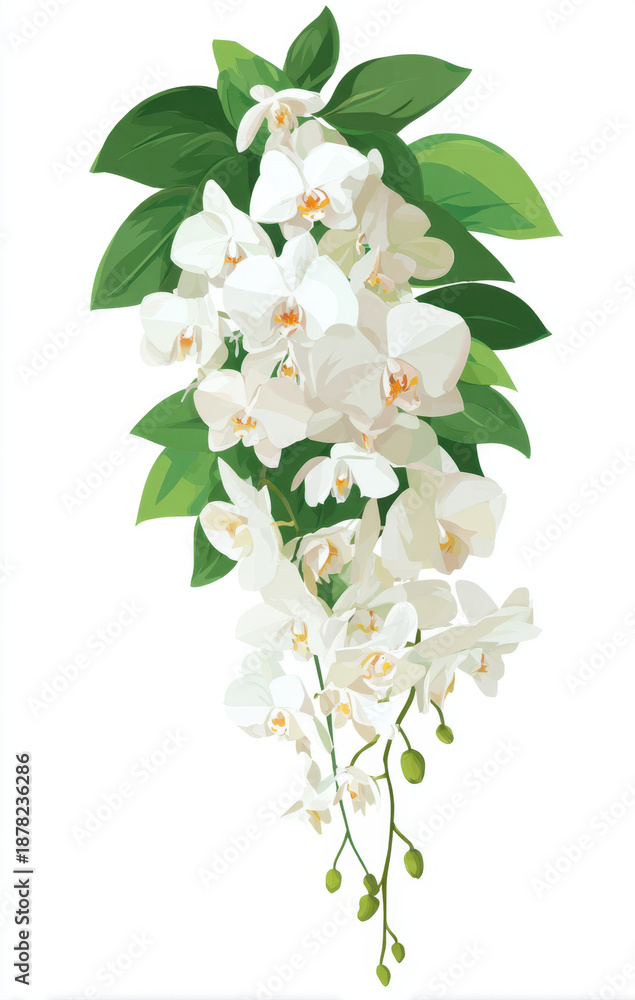 Fototapeta premium Elegant white orchids cascade gracefully from lush green leaves, creating stunning visual perfect for weddings or floral designs. This vector illustration captures beauty and delicacy of nature