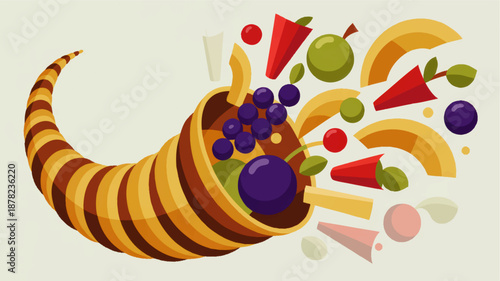 Colorful cornucopia illustration with autumn harvest fruits and vegetables, festive Thanksgiving abundance concept on light background