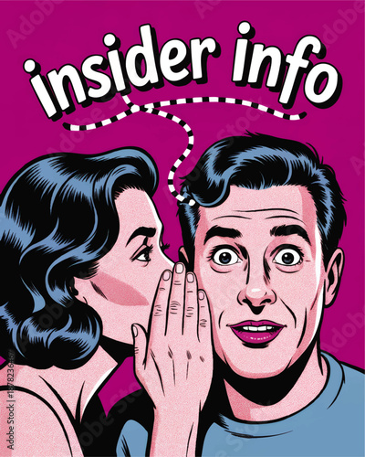 Retro pop art comic couple sharing secret gossip with insider info text on bold magenta background for marketing and communication