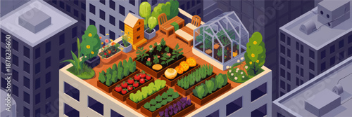 Colorful rooftop urban garden with greenhouse, vegetable beds and beehive surrounded by city skyscrapers, eco friendly city farming