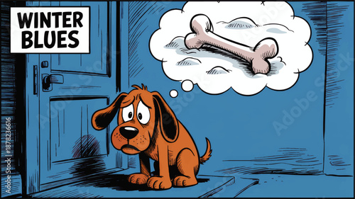 Sad cartoon dog with winter blues sitting indoors by door, thinking of bone, humorous blue comic illustration for seasonal depression