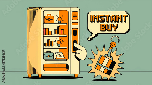 Instant buy ecommerce concept illustration with vending machine, digital cursor click, online shopping bundle, flat retro style
