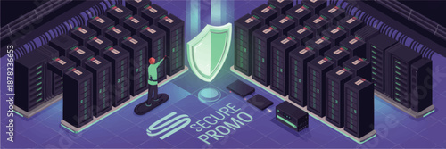 Futuristic data center security illustration with shield protection, isometric server racks, cyber defense and network storage concept