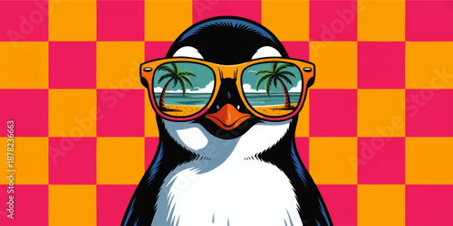 Cool cartoon penguin in sunglasses with tropical beach reflection on vibrant pink orange checkered summer background illustration