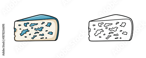 Blue cheese wedge with mold veins in cartoon and line art style using light beige and blue colors representing pungent gourmet dairy product on white background
