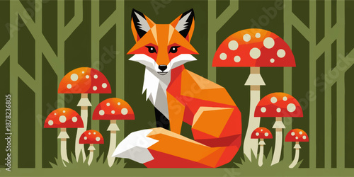 Geometric fox illustration in forest with red mushrooms, modern polygonal wildlife art, flat vector woodland background