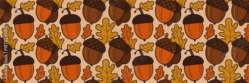 Seamless autumn acorn pattern with colorful oak leaves, cozy fall season foliage background for Thanksgiving and seasonal designs