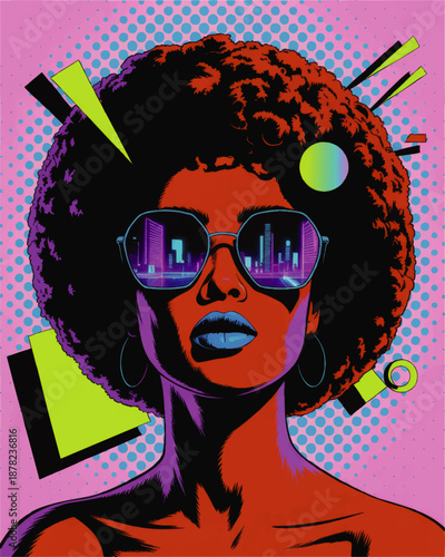 Neon afro woman with sunglasses and futuristic city reflection, retro pop art illustration, vibrant 80s synthwave cyberpunk poster