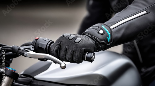 Motorcycle rider holding handlebars in a leather glove near a modern bike during daytime © PaulShlykov