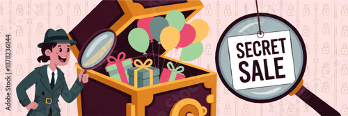 Secret sale promotion banner with detective character, magnifying glass, treasure chest of gifts and balloons, pink lock pattern background