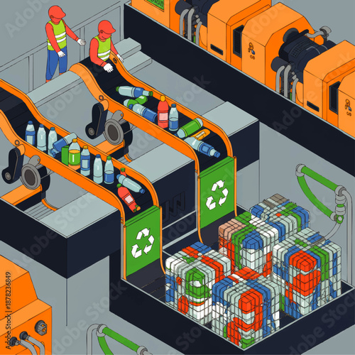 Isometric plastic bottle recycling plant with conveyor belts sorting waste into compressed bales for sustainable waste management