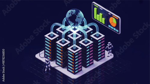 Futuristic AI data center with robots, global cloud network and analytics dashboard, isometric server farm illustration