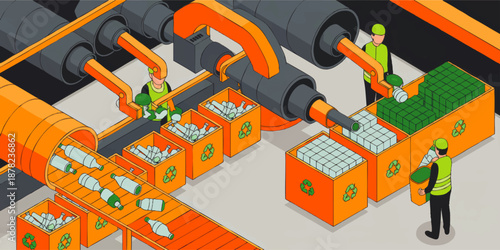 Isometric plastic bottle recycling factory, automated green waste management conveyor with workers sorting and processing packaging