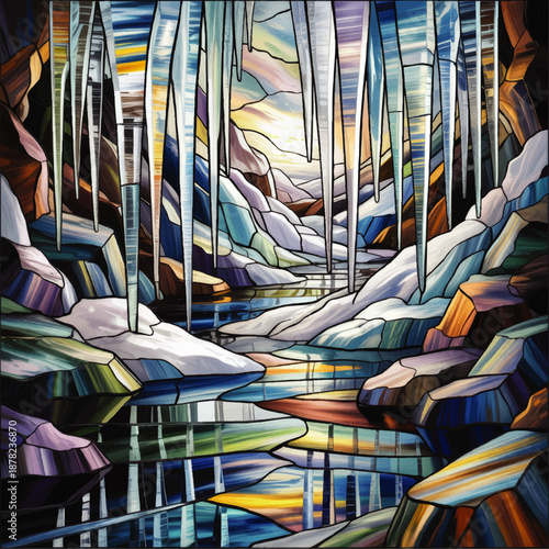 Colorful stained glass winter canyon with icicles and frozen river, abstract icy landscape reflection art illustration