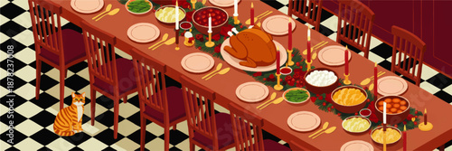 Festive holiday dinner table illustration with roast turkey, candles, side dishes and orange tabby cat on checkered floor