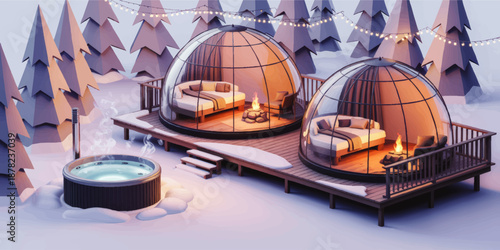 Cozy winter glamping domes with hot tub, snowy forest, romantic fireplace retreat, luxury holiday cabin illustration