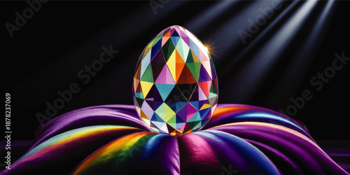 Colorful faceted crystal egg on vibrant satin cushion under dramatic spotlight, luxury abstract digital art on black background