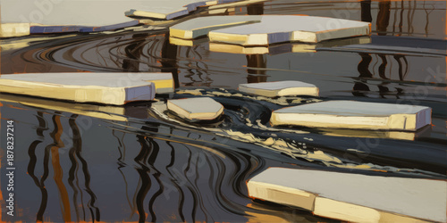 Abstract winter river with floating ice blocks and water reflections, modern impressionist landscape painting in cool blue tones