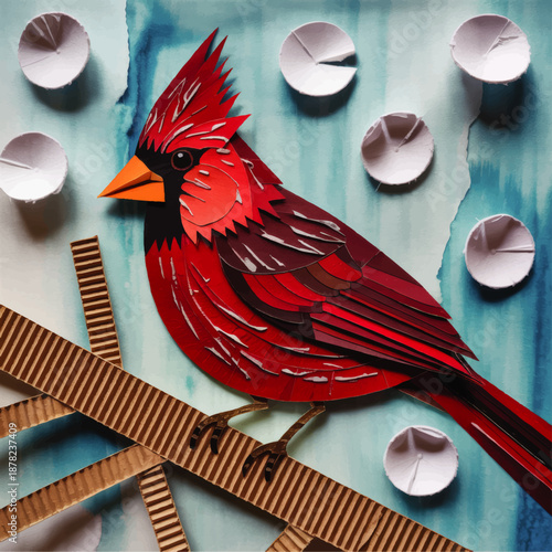 Red cardinal bird paper art on cardboard branch with winter snow, vibrant layered collage illustration on blue background