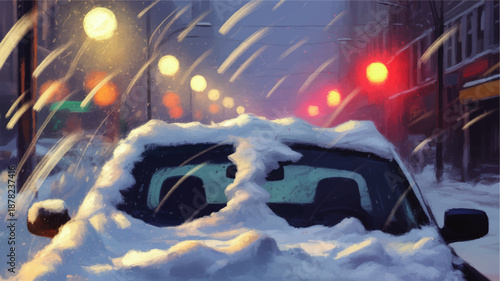 Winter blizzard in city street, snow covered car windshield and glowing traffic lights at night, atmospheric digital painting