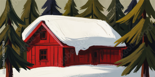 Cozy red cabin in snowy winter forest, rustic holiday lodge illustration with snow covered roof and evergreen pine trees