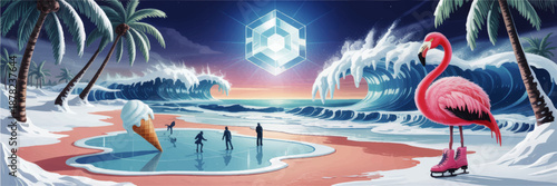 Surreal tropical winter beach with giant waves, flamingo on ice skates, frozen ocean rink and glowing geometric crystal sky