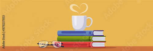 Cozy reading illustration with coffee cup on stacked books and eyeglasses on warm yellow background, study and learning concept