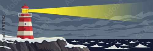Winter lighthouse guiding ships through stormy night sea, beacon light over icy ocean waves and dramatic cloudy sky illustration