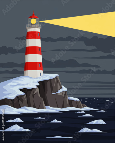 Winter lighthouse beacon on rocky icy coast at night, shining navigation light across dark stormy sea, nautical safety illustration