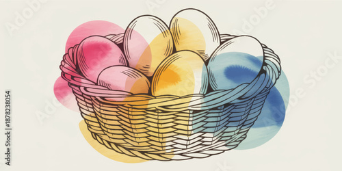 Colorful Easter eggs in wicker basket illustration with pastel watercolor splashes, spring holiday greeting card background design