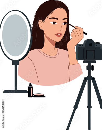 Woman Applying Makeup For Camera Mirror Ring Light Setup