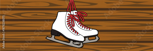 Vintage white ice skates with red laces hanging on wooden plank background, winter sports illustration, cozy rustic holiday design