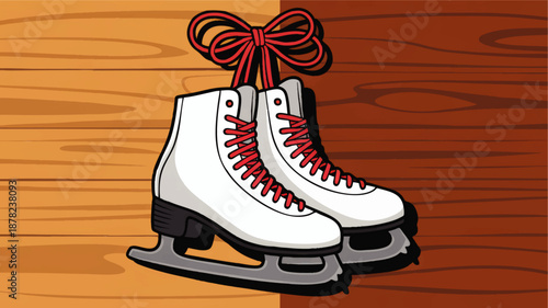 White ice skates with red laces hanging on wooden background, winter sports illustration, figure skating cartoon design