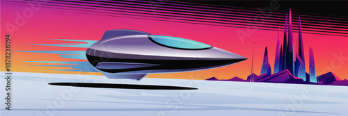 Futuristic flying spaceship over frozen landscape with neon sunset sky and sci fi city skyline, retro wave vector illustration